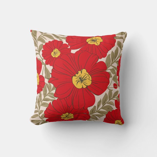 Lebhaftes rotes Blumenmuster mit Olive Green Blätt Kissen (Vorderseite)