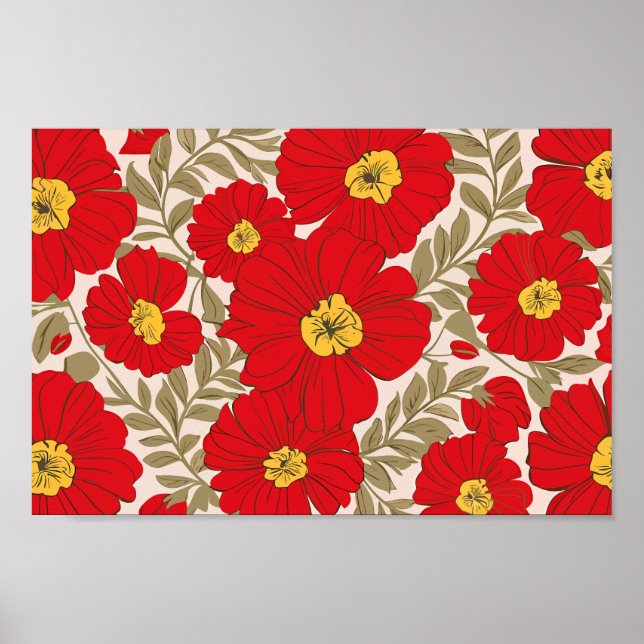 Lebhaftes rotes Blumenmuster mit Olive Green Blätt Poster (Vorne)