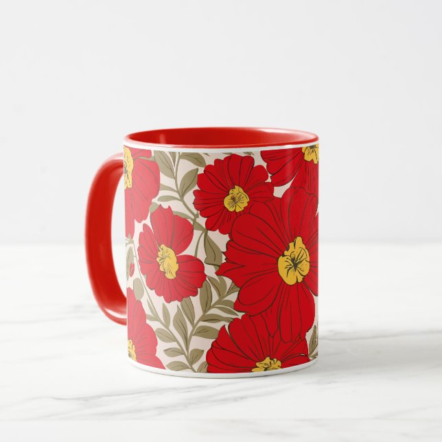 Lebhaftes rotes Blumenmuster mit Olive Green Blätt Tasse (Vorderseite Links)