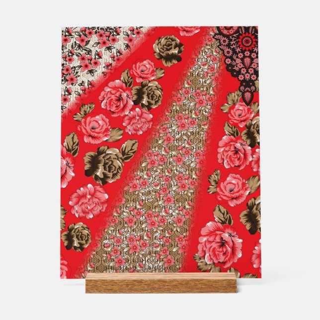 Lebhaftes rotes Gewebe, mit viel Blumen und Acrylschild (Vorderseite)
