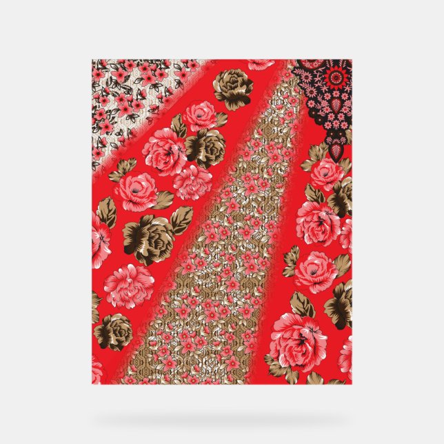 Lebhaftes rotes Gewebe, mit viel Blumen und Acrylschild (Vorderseite)