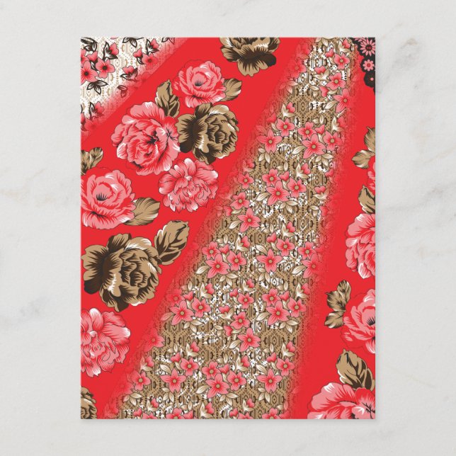 Lebhaftes rotes Gewebe, mit viel Blumen und Begleitkarte (Vorderseite)