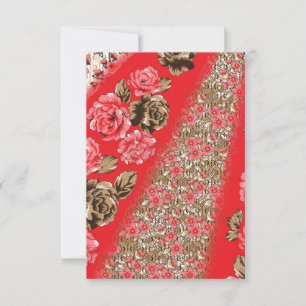Lebhaftes rotes Gewebe, mit viel Blumen und Dankeskarte