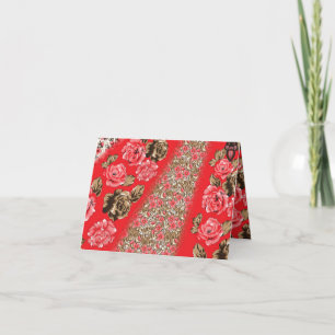 Lebhaftes rotes Gewebe, mit viel Blumen und Dankeskarte
