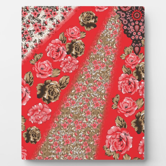 Lebhaftes rotes Gewebe, mit viel Blumen und Fotoplatte (Vorderseite)