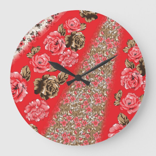 Lebhaftes rotes Gewebe, mit viel Blumen und Große Wanduhr (Vorderseite)