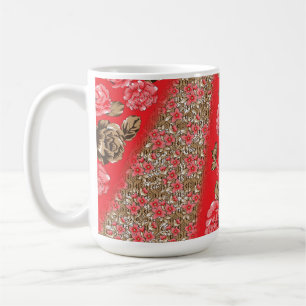 Lebhaftes rotes Gewebe, mit viel Blumen und Kaffeetasse