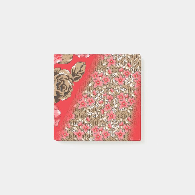 Lebhaftes rotes Gewebe, mit viel Blumen und Post-it Klebezettel (Vorderseite)