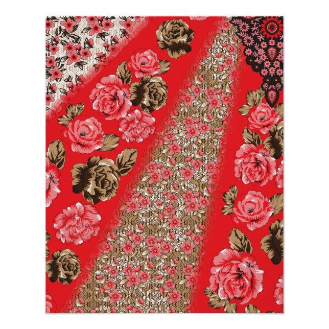 Lebhaftes rotes Gewebe, mit viel Blumen und Poster (Vorderseite)