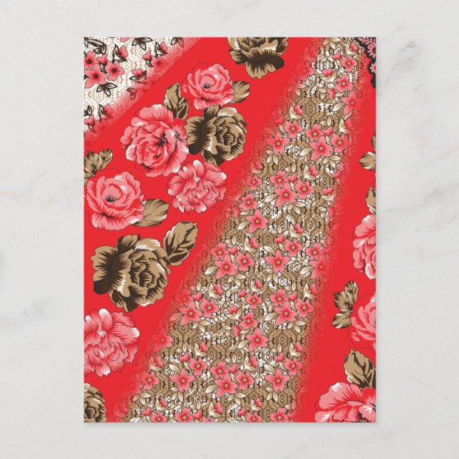 Lebhaftes rotes Gewebe, mit viel Blumen und Postkarte (Vorderseite)