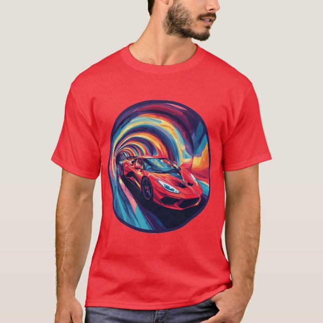 Lebhaftes rotes Sportauto in einem dynamischen Spi T-Shirt (Vorderseite)