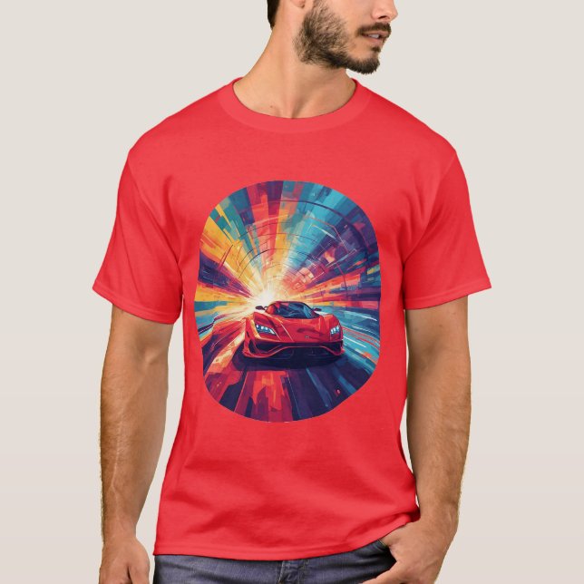 Lebhaftes rotes Sportauto in einem dynamischen Spi T-Shirt (Vorderseite)