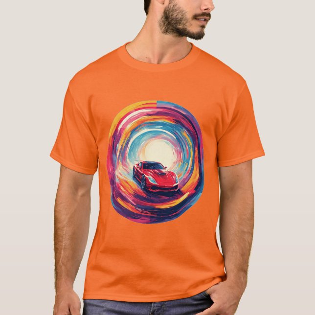 Lebhaftes rotes Sportauto in einem dynamischen Spi T-Shirt (Vorderseite)