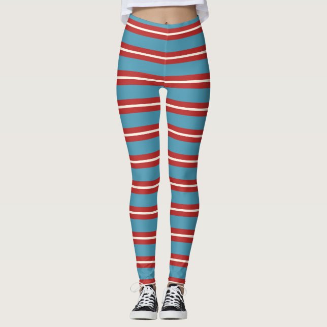 Lebhaftes rotes und blau gestreiftes Muster Modern Leggings (Vorderseite)