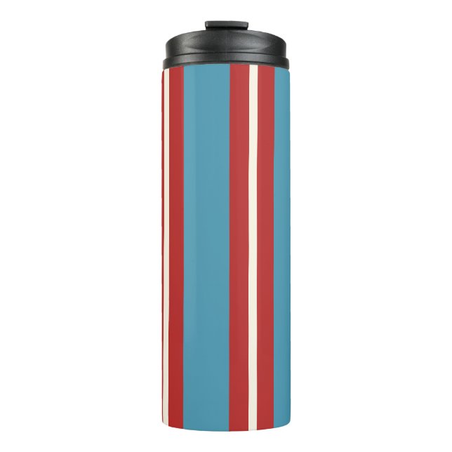 Lebhaftes rotes und blau gestreiftes Muster Modern Thermosbecher (Vorderseite)