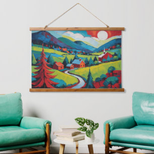 Lebhaftes Sonnenuntergang Landschaftsbild Wandteppich Mit Holzrahmen