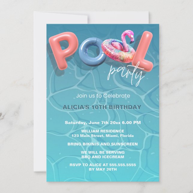 Lebhaftes Summer Pool Party Blaue Einladung (Vorderseite)