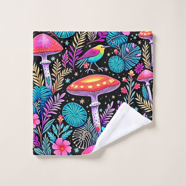 Lebhaftes, verzaubertes Forest Mushroom Artwork Badhandtuch Set (Waschlappen)