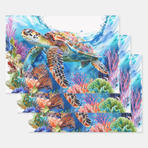 Lebhaftes Wasserfarbenschildkrötendekor Geschenkpapier Set