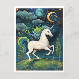 Lebhaftes weißes Einhorn in magischer Nacht Postkarte
