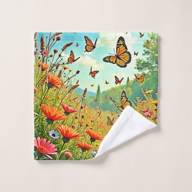 Lebhaftes Wildblume Butterfly Joy Design Badhandtuch Set (Waschlappen)