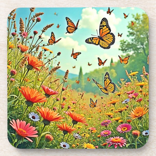 Lebhaftes Wildblume Butterfly Joy Design Getränkeuntersetzer (Vorderseite)