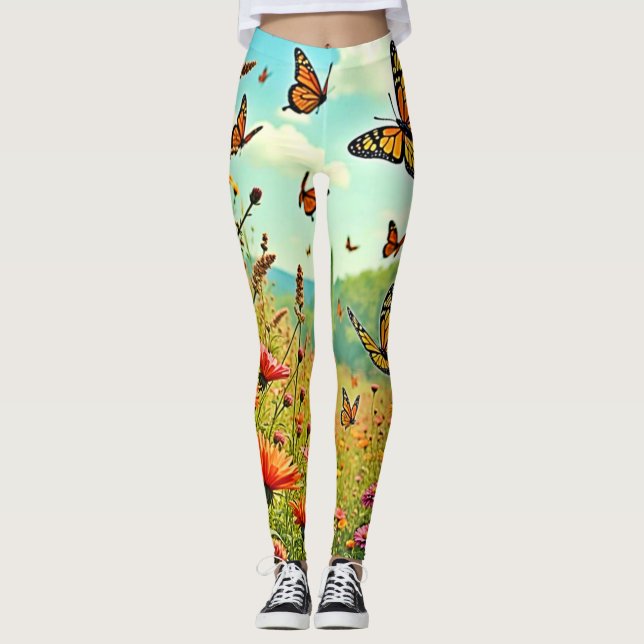 Lebhaftes Wildblume Butterfly Joy Design Leggings (Vorderseite)