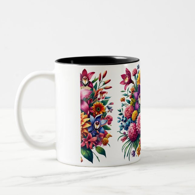 Lebhaftes Zinnias- und Cosmos-Blumendesign Zweifarbige Tasse (Links)