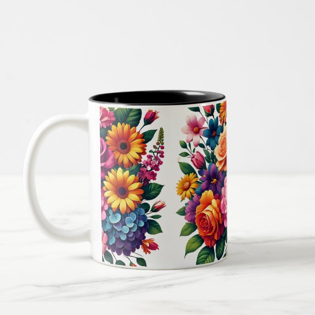 Lebhaftes Zinnias- und Cosmos-Blumendesign Zweifarbige Tasse (Links)