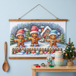 Lebkuchen-Familie Schneebedeckte Weihnachtsszene Wandteppich Mit Holzrahmen