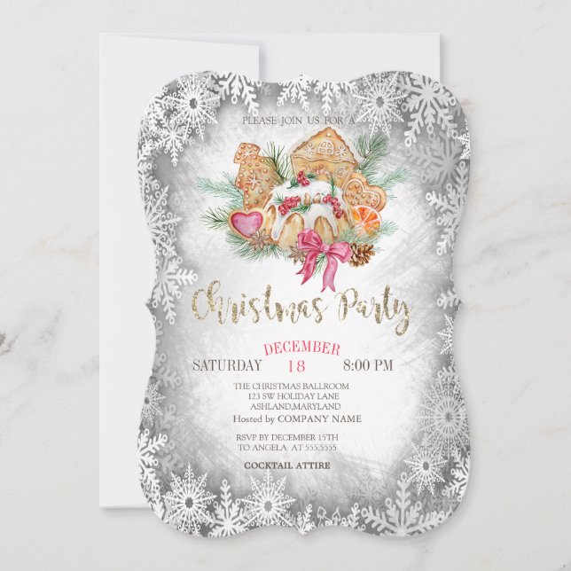 Lebkuchen, graue Schneeflocken Weihnachten Einladung (Vorderseite)