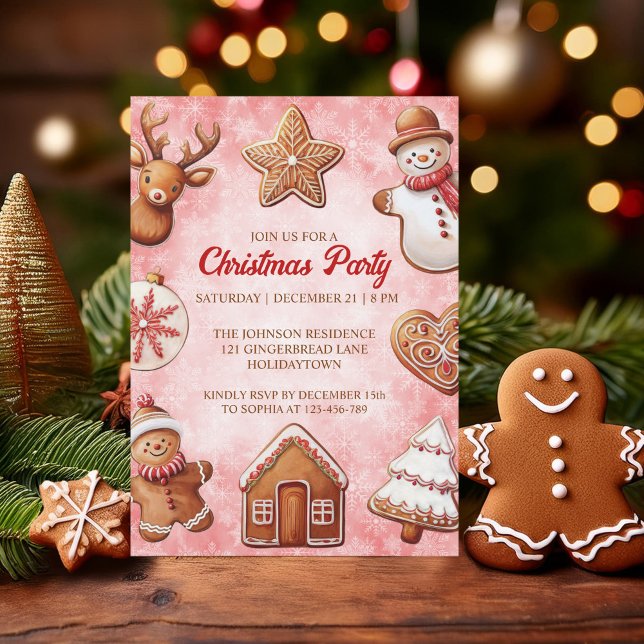 Lebkuchen Kekse Roter Hintergrund Weihnachts-Party Einladung (Von Creator hochgeladen)