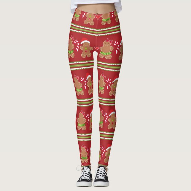 Lebkuchen Mann Rot und Grün Horizontale Streifen Leggings (Vorderseite)