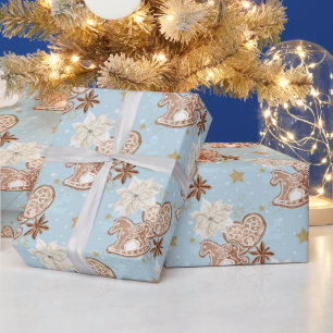 Lebkuchen Schaukelpferd Muster auf Blau Geschenkpapier