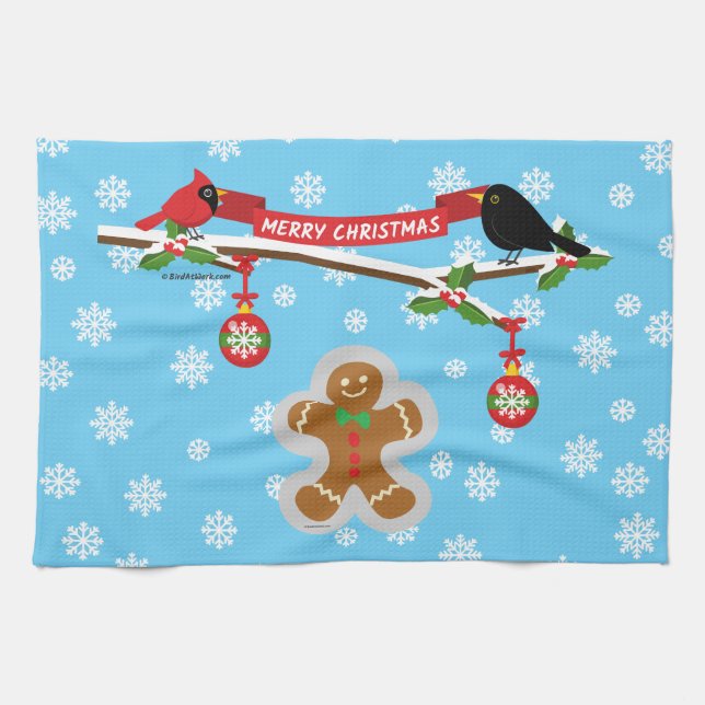 Lebkuchen, Schneeflocken und Vögel Geschirrtuch (Horizontal)