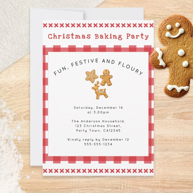 Lebkuchen-Weihnachtsbackparty Einladung (An invitation to a Christmas baking party, with gingerbread and rustic red-and-white gingham)