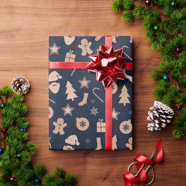 Lebkuchen, Weihnachtsmann und Weihnachtsbaummuster Geschenkpapier (Feiertagsgeschenk)