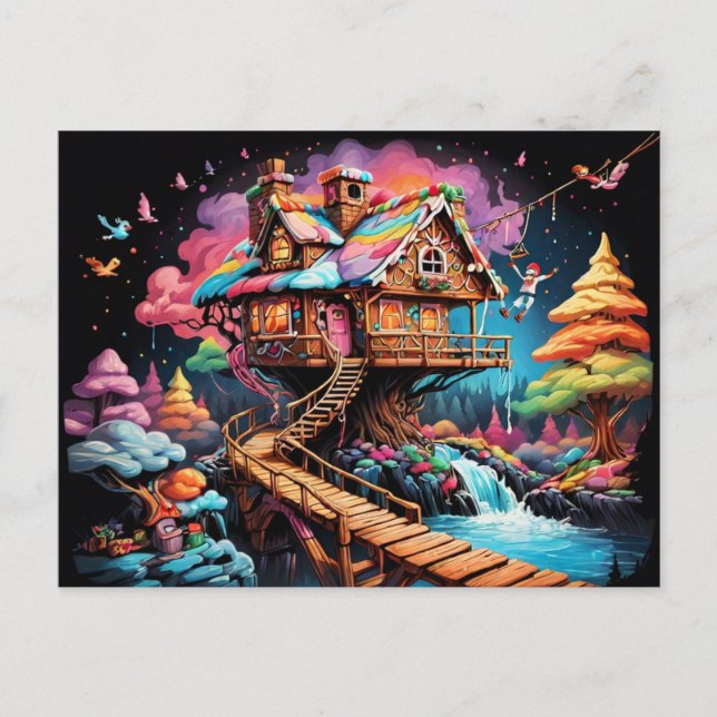 Lebkuchenbaumhaus pschedelic christmas feiertagspostkarte (Vorderseite)