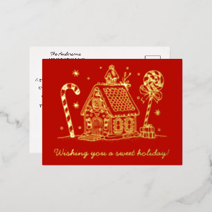 Lebkuchenhaus   Candy Cane Red Folien Feiertagspostkarte