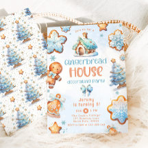 Lebkuchenhaus mit Party blau Geburtstag