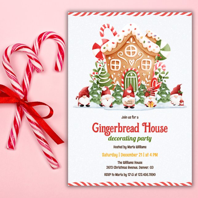Lebkuchenhäuschen-Weihnachtsfeier Einladung (Gingerbread House Decorating Party – Cute Gnomes, Candy Cane, Personalized)