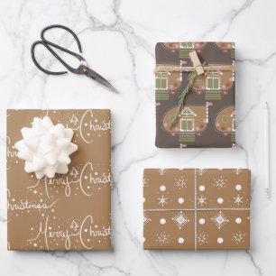 Lebkuchenhäuschen Weihnachtsschneeflocken Braun Geschenkpapier Set