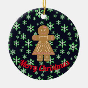 Lebkuchenmädchen und grüne Schneeflocken Keramikornament