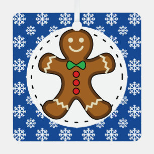 Lebkuchenmann auf Blau-Weiß-Schneeflocken-Muster Ornament Aus Metall