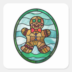 Lebkuchenmann Buntglas-Stil Quadratischer Aufkleber