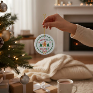 Lebkuchenmann & Stechpalmenkranz Weihnachtsbaumanh Keramik Ornament