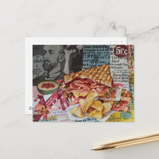 lecker Sandwich und Chips Junk Journal Collage Postkarte (Vorderseite/Rückseite Beispiel)