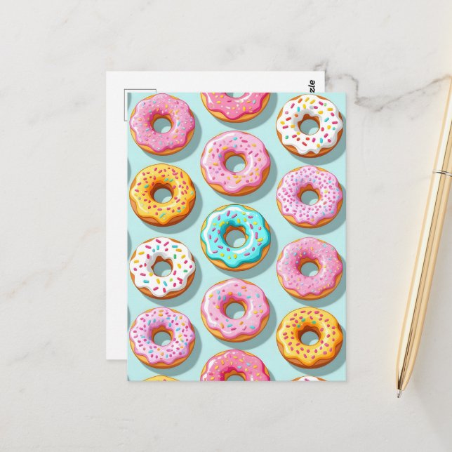 Leckere Cremedonuts blau Postkarte (Vorderseite/Rückseite Beispiel)