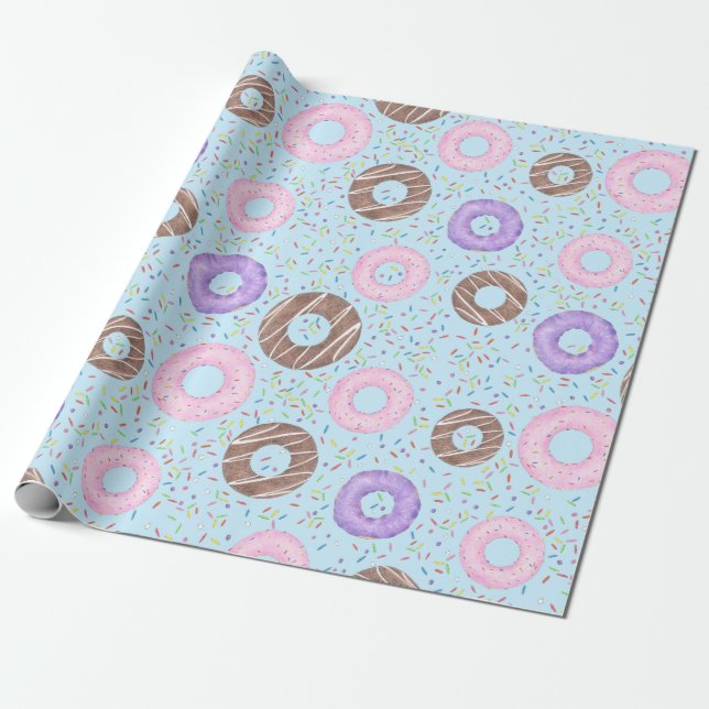 Leckere Donuts Geschenkpapier auf Blau (Ungerollt)