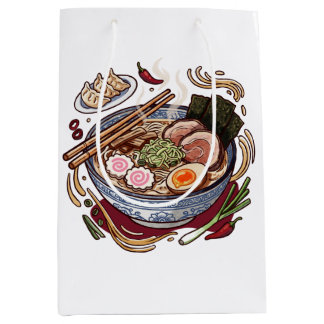 Leckere japanische Ramen und Gyoza-Teigtaschen. Mittlere Geschenktüte